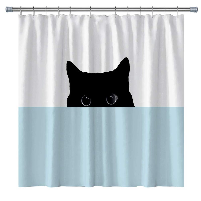 GOOD CARE Black Cat Shower Curtains Cute Cat Looking at You, Cute Animals Bath Decor Curtains Sets with Hooks 71X71 Inches - Image 1